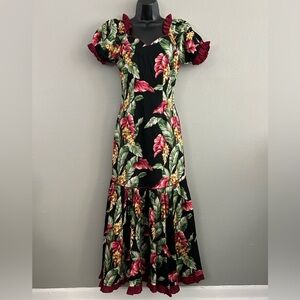 Vintage CC Fashions Hawaii Tropical Floral Hawaiian Ruffle Maxi Dress Size 34 XS